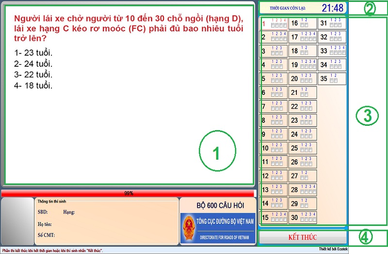 giao diện phần mềm 600 câu hỏi thi sát hạch lái xe ô tô